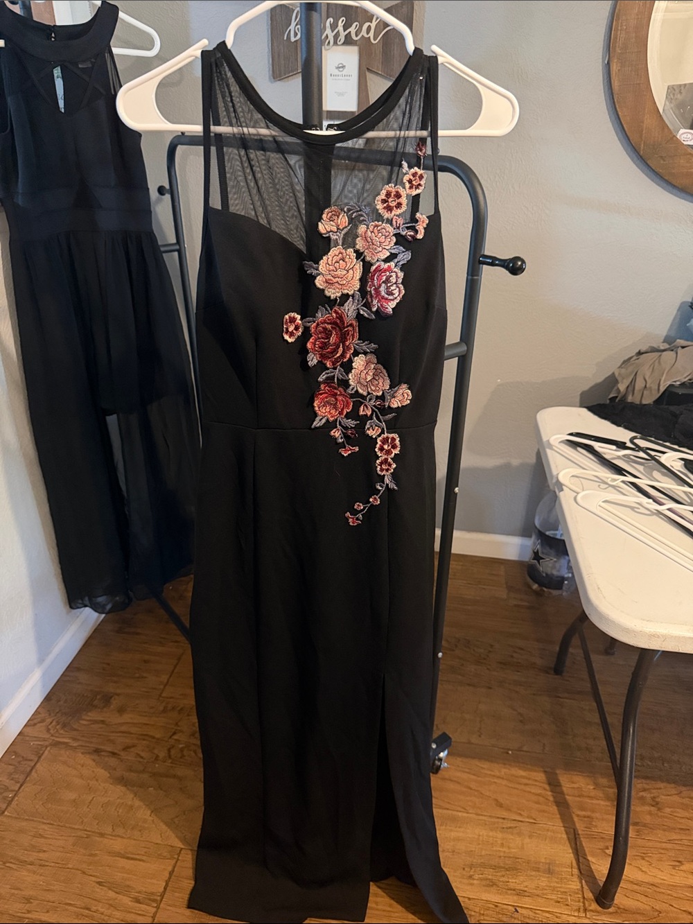 Xtraordinary Black Maxi Dress with Pink & Red Floral Embroidery